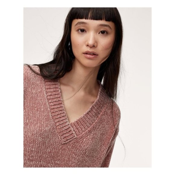 Aritzia Wilfred Violetta Sweater Small Pink Chenille Oversized V-Neck Pullover - Picture 4 of 7